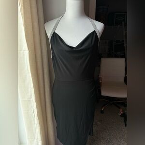 Speechless low back halter black mini dress with silver accents